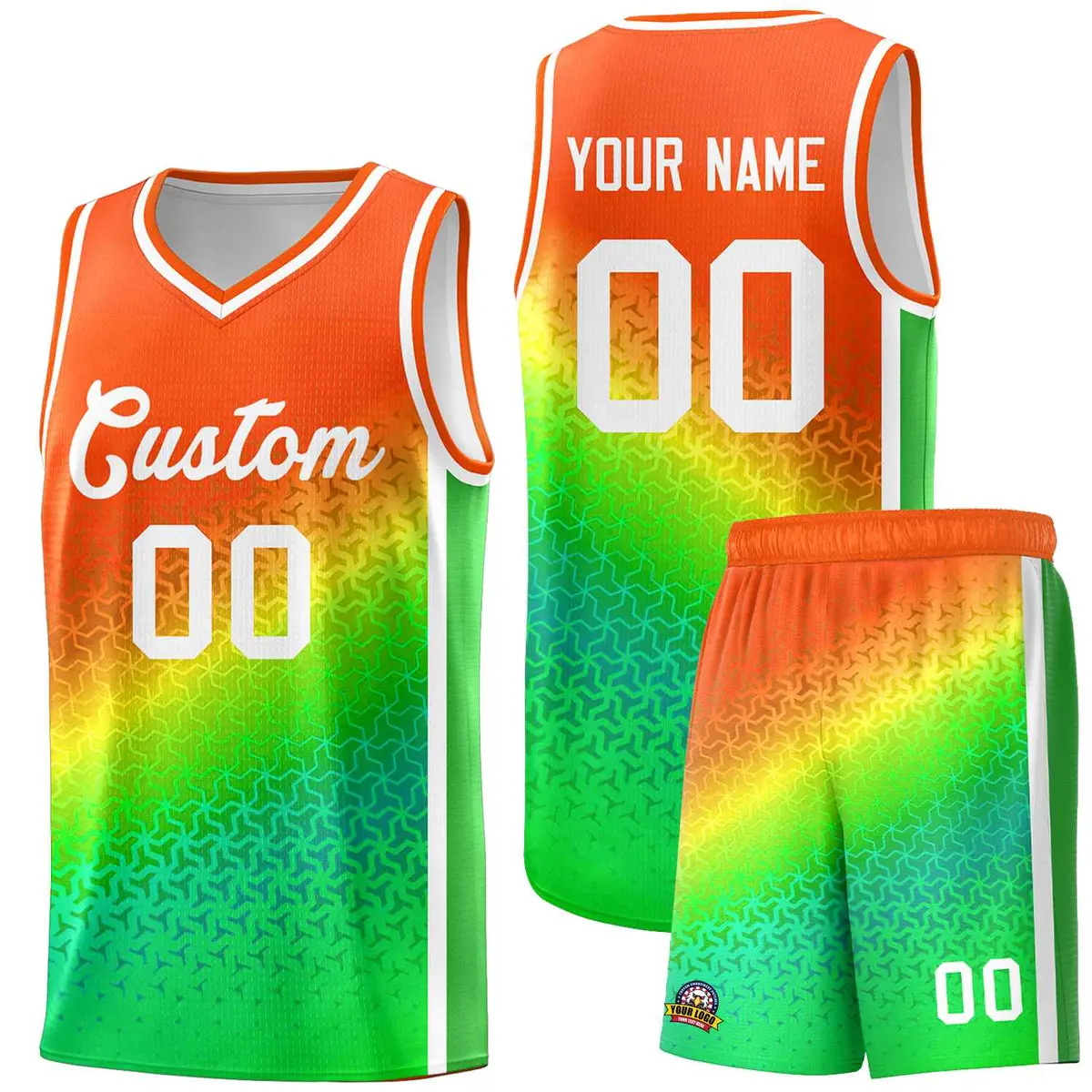 Orange Light Green Gradient Irregular Shapes Basketball Jersey