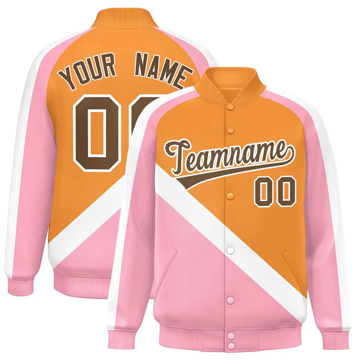 Orange Light Pink Raglan Full-Snap Letterman Baseball Jacket