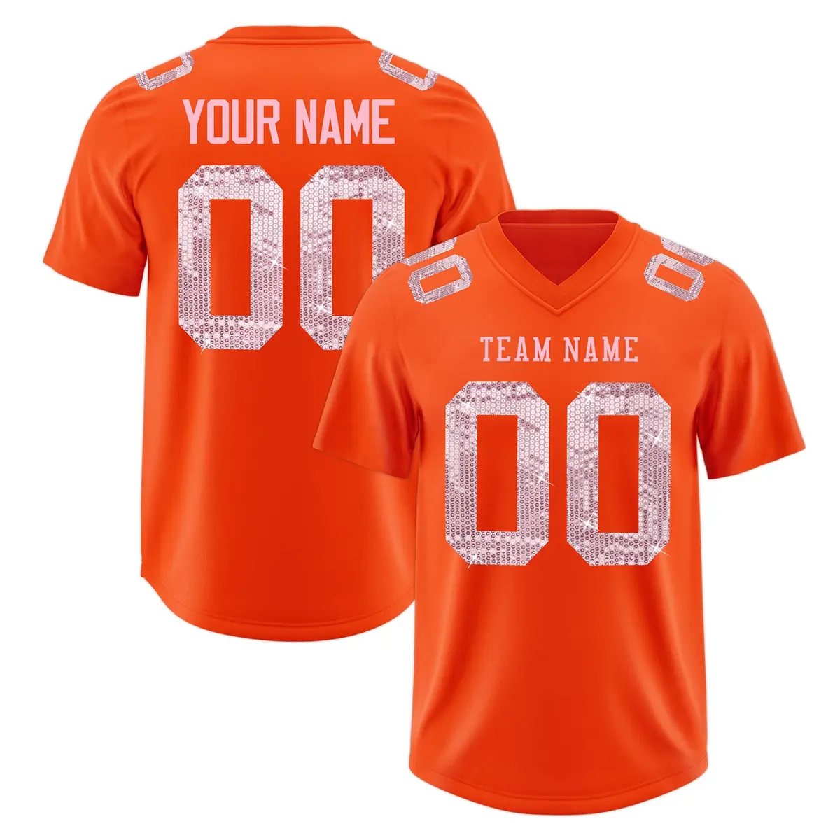Orange Light Pink Sequin Lettering Football Jersey