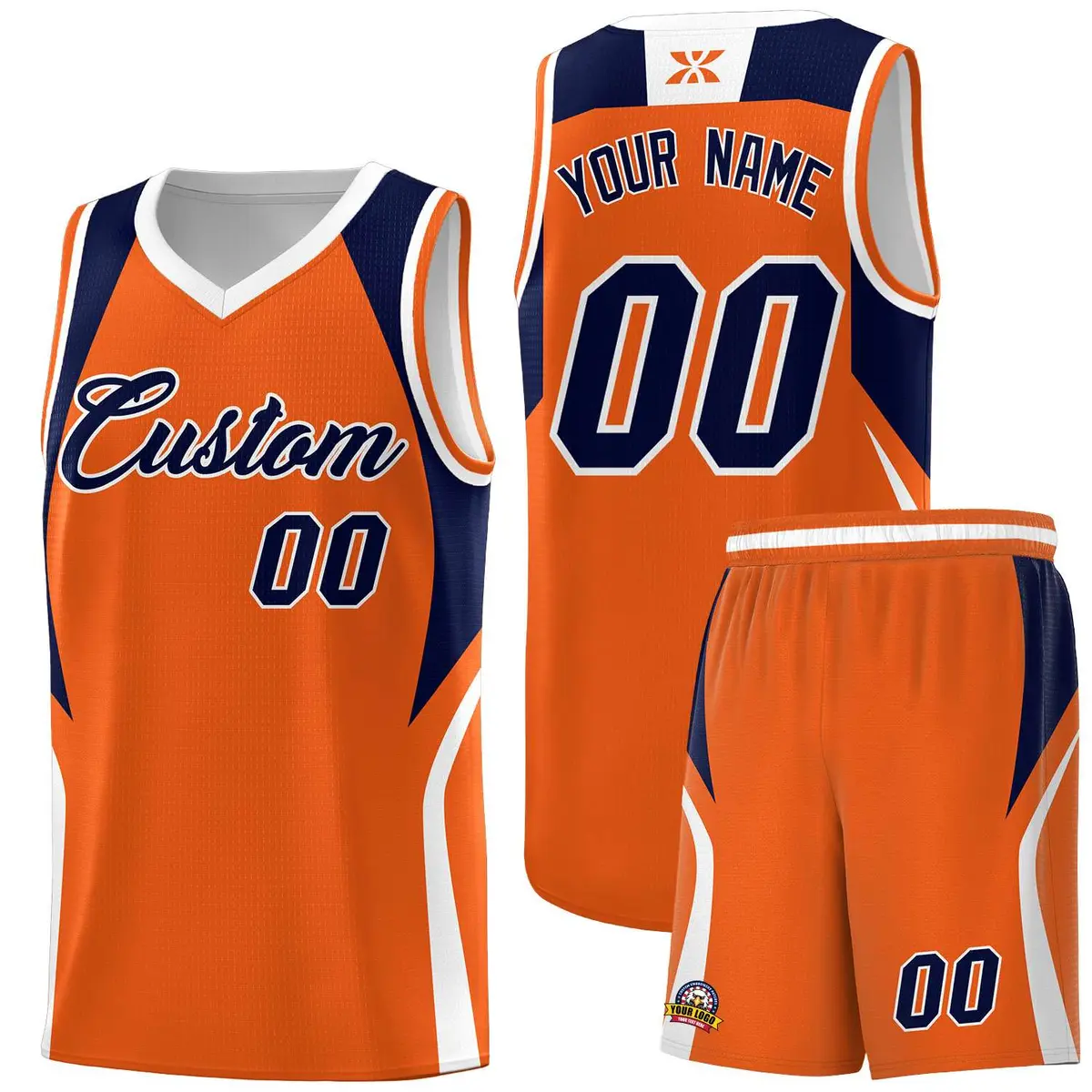 Orange Navy and White Color Block Basketball Uniform Jersey