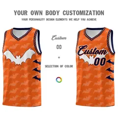 Orange Navy Bat Pattern Halloween Basketball Jersey 3