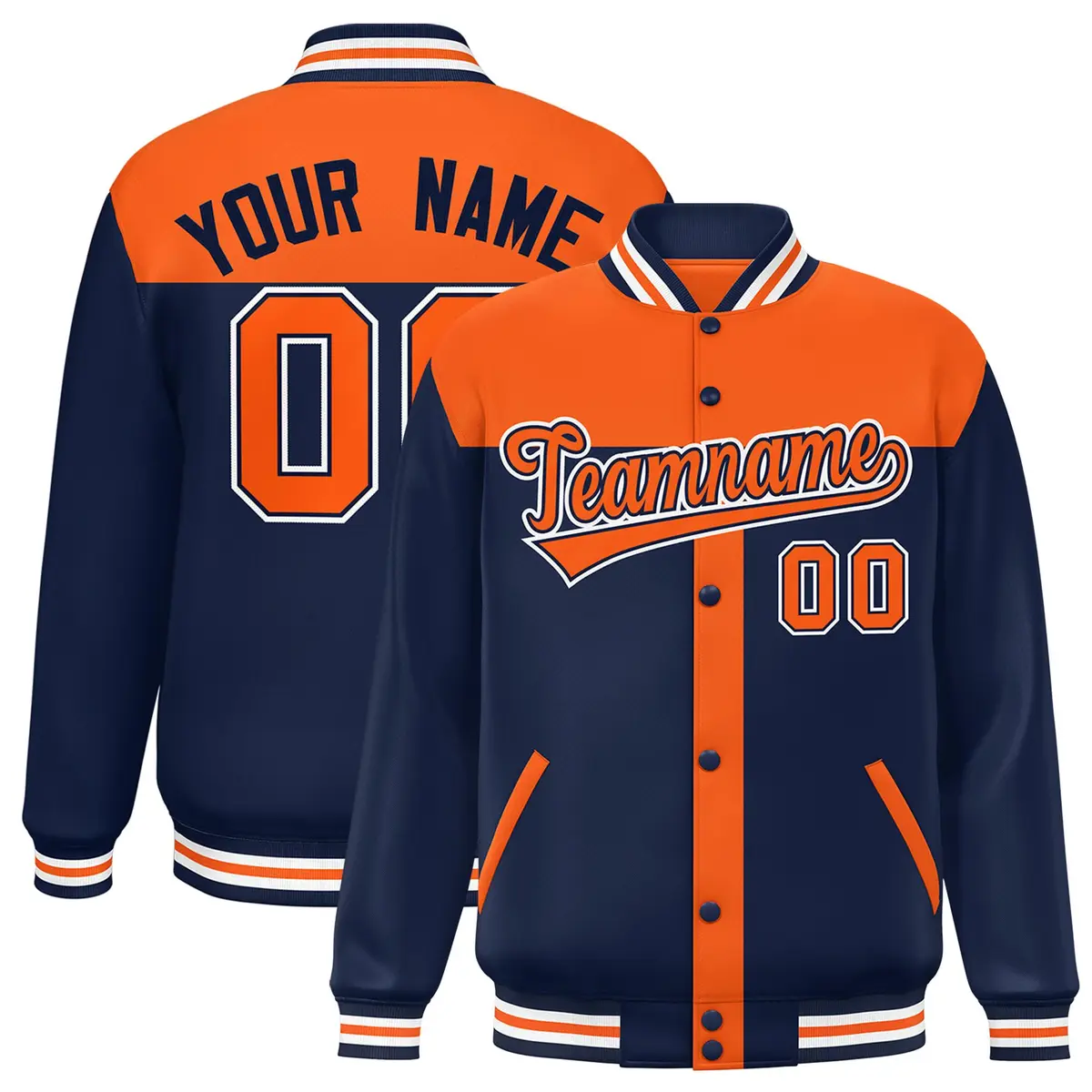 Orange Navy Color Block Varsity Bomber Baseball Jacket