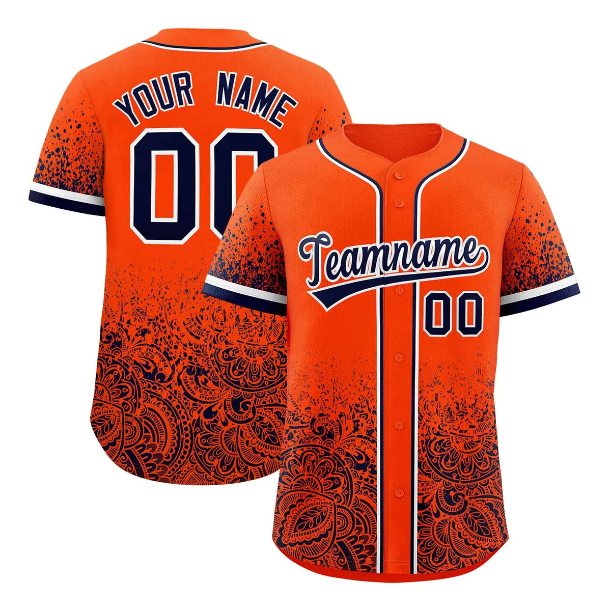 Orange Navy Floral Gradient Full Button Baseball Jersey