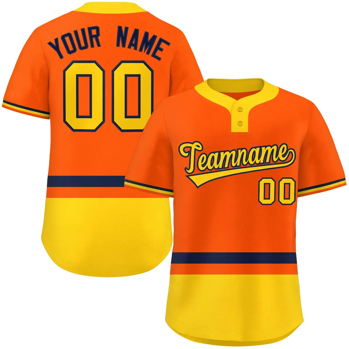 Orange Navy-Gold Color Block Two-Button Softball Jersey