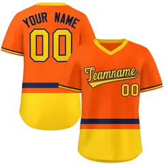 Orange Navy-Gold Color Block V-Neck Pullover Baseball Jersey
