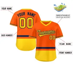 Orange Navy-Gold Color Block V-Neck Pullover Baseball Jersey 2