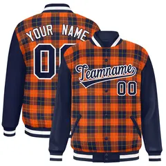 Orange Navy-Gold Plaid Varsity Letterman Baseball Jacket 1