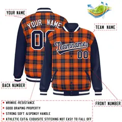 Orange Navy-Gold Plaid Varsity Letterman Baseball Jacket 2