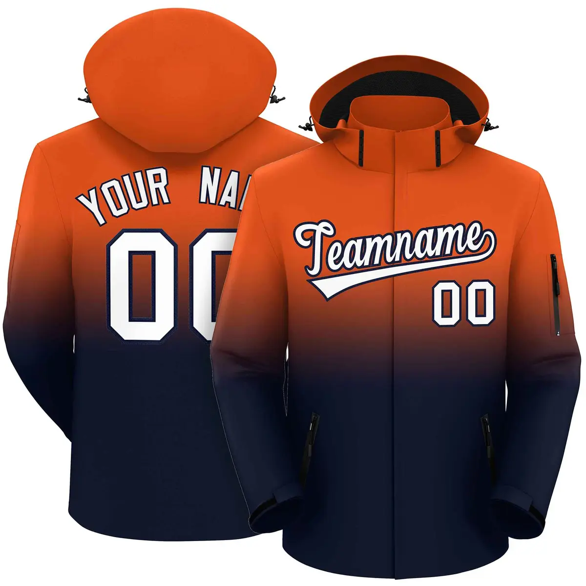 Orange Navy Gradient Hooded Waterproof Outdoor Jacket