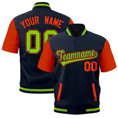 Orange Navy Neon Green Short Sleeve Full-Snap Varsity Jacket