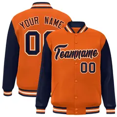 Orange Navy-Orange Raglan Sleeves Varsity Full-Snap Letterman Jacket