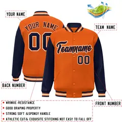 Orange Navy-Orange Raglan Sleeves Varsity Full-Snap Letterman Jacket 2