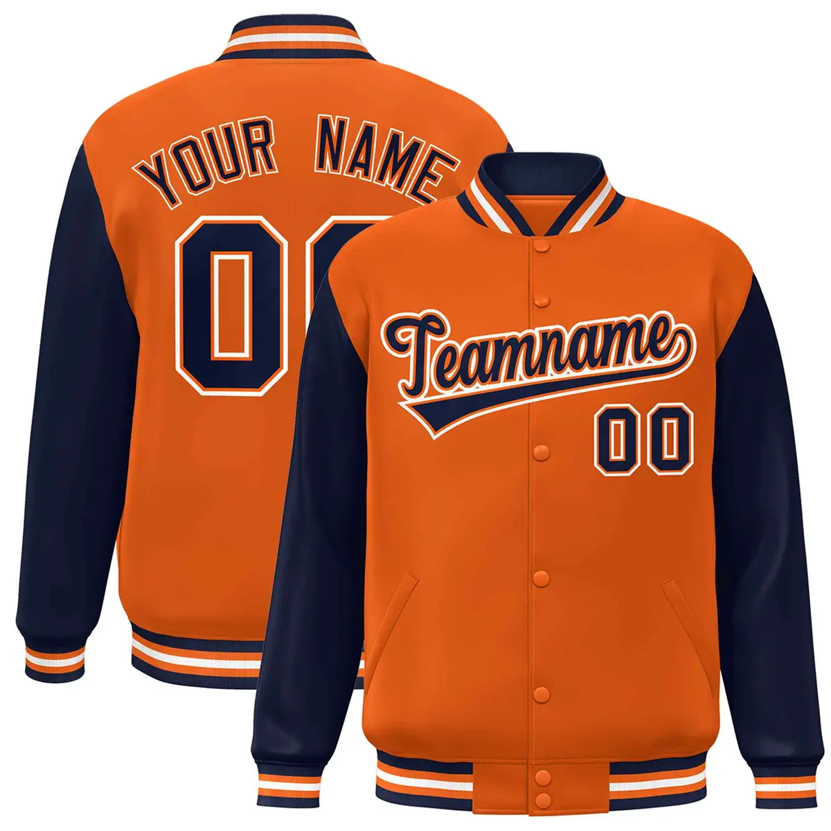 Orange Navy-Orange Raglan Sleeves Varsity Full-Snap Letterman Jacket