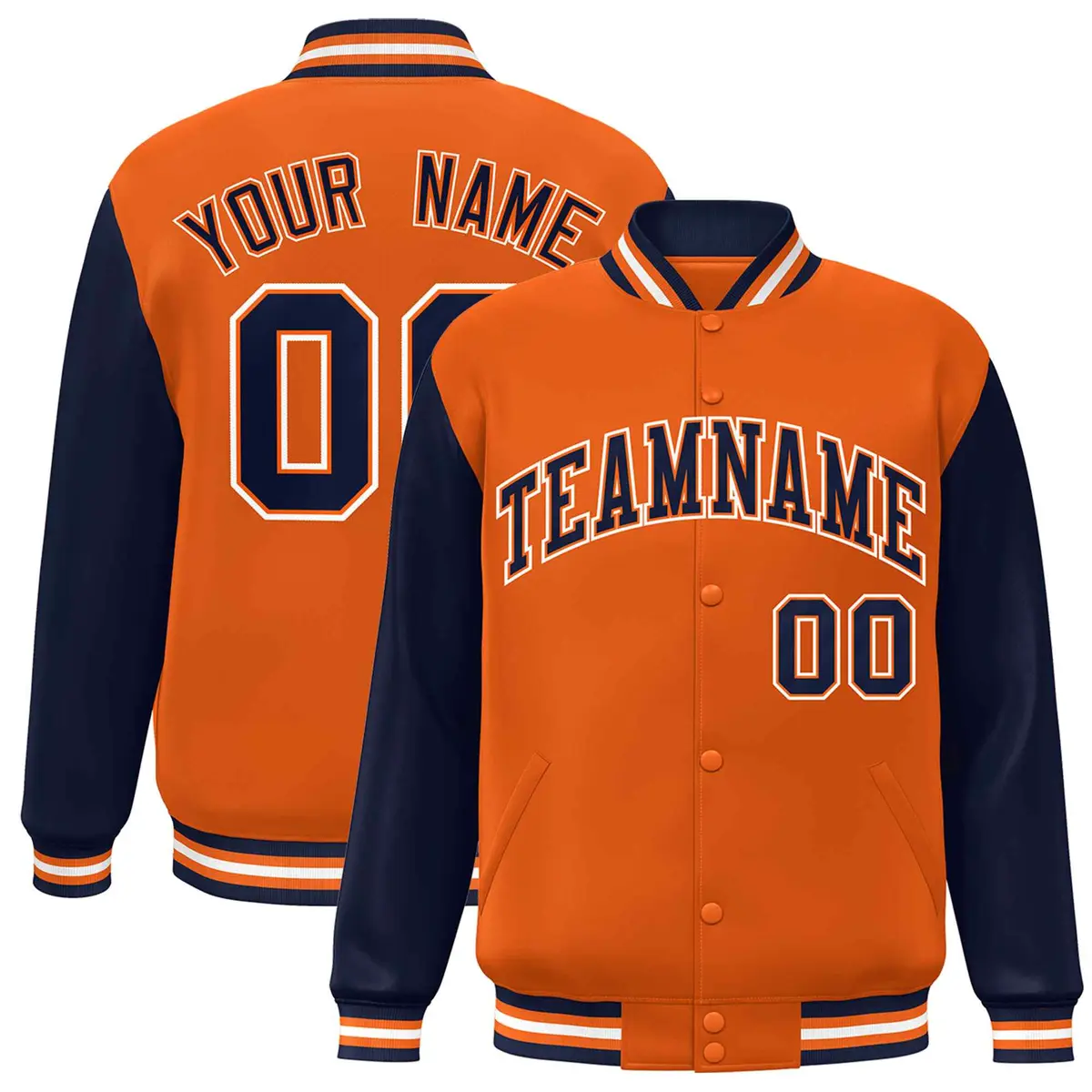 Orange Navy-Orange Raglan Sleeves Varsity Full-Snap Letterman Jacket