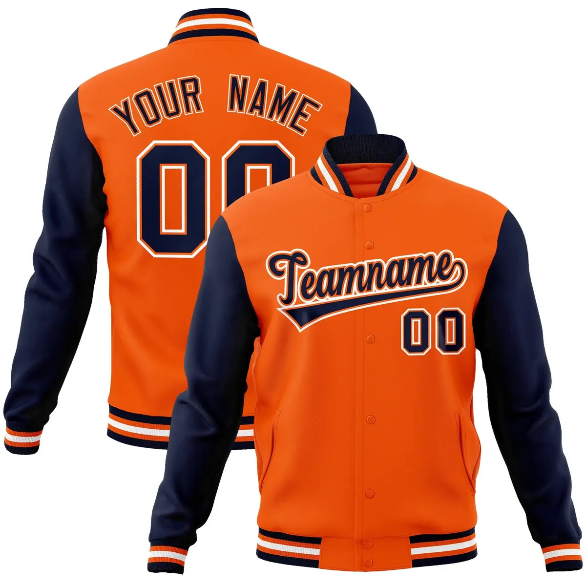 Orange Navy-Orange Raglan Sleeves Varsity Full-Snap Letterman Jacket