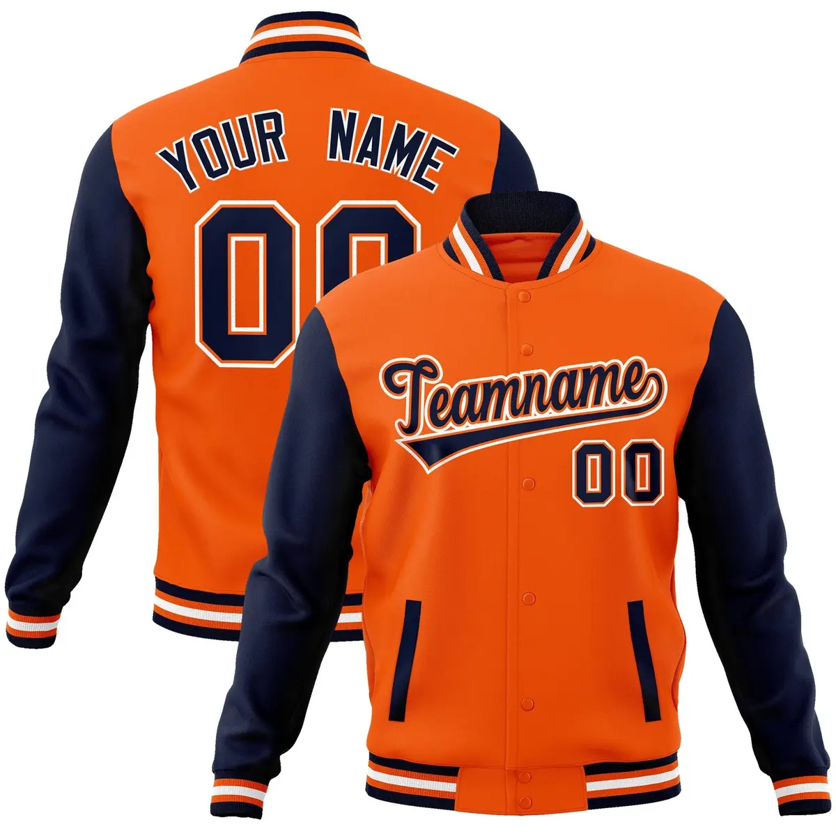 Orange Navy-Orange Raglan Sleeves Varsity Full-Snap Letterman Jacket