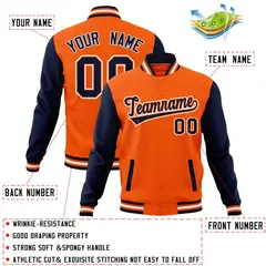 Orange Navy-Orange Raglan Sleeves Varsity Full-Snap Letterman Jacket 4
