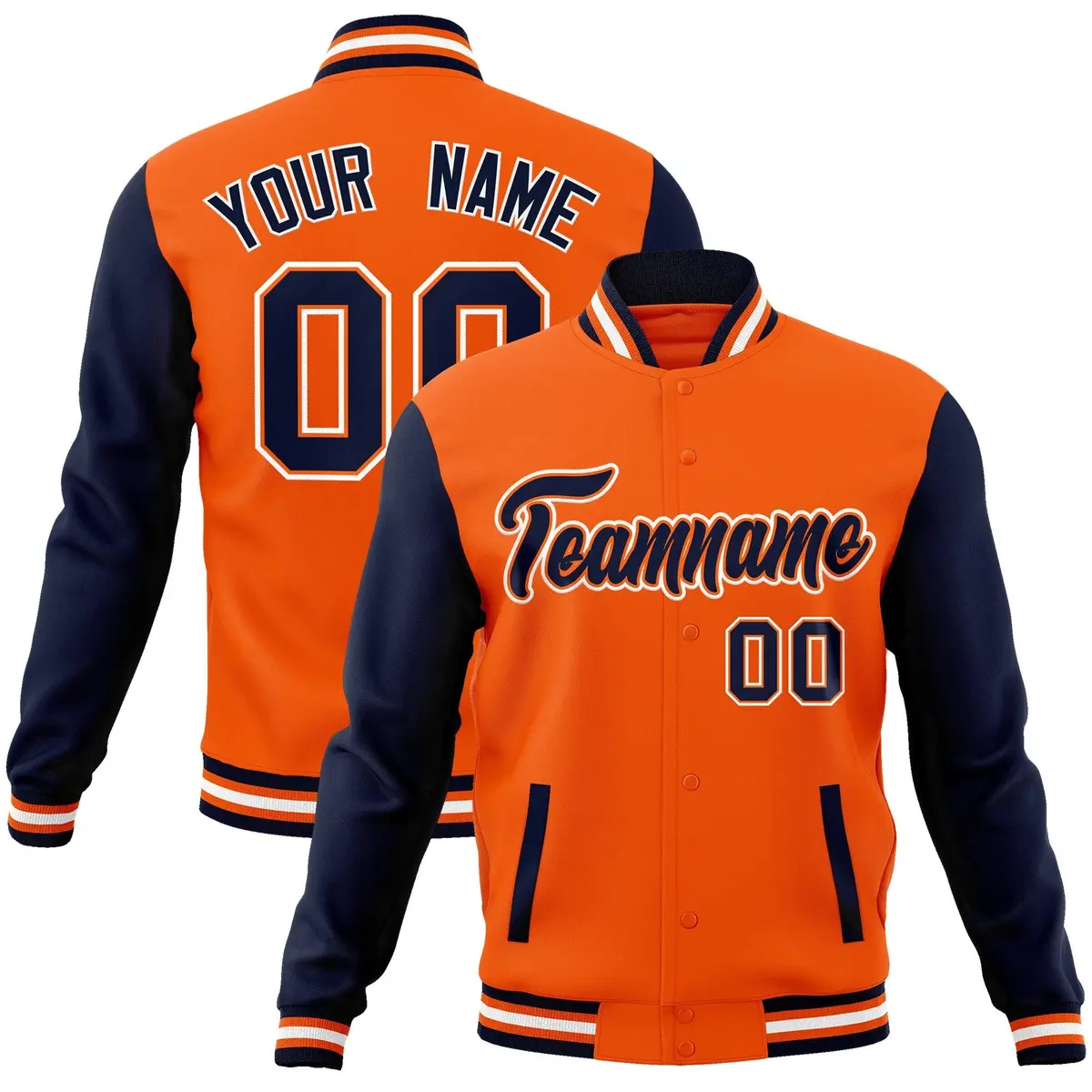 Orange Navy-Orange Raglan Sleeves Varsity Full-Snap Letterman Jacket