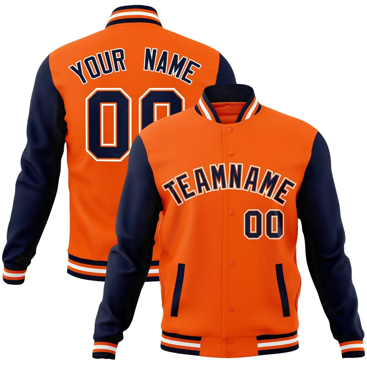 Orange Navy-Orange Raglan Sleeves Varsity Full-Snap Letterman Jacket