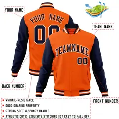 Orange Navy-Orange Raglan Sleeves Varsity Full-Snap Letterman Jacket 4