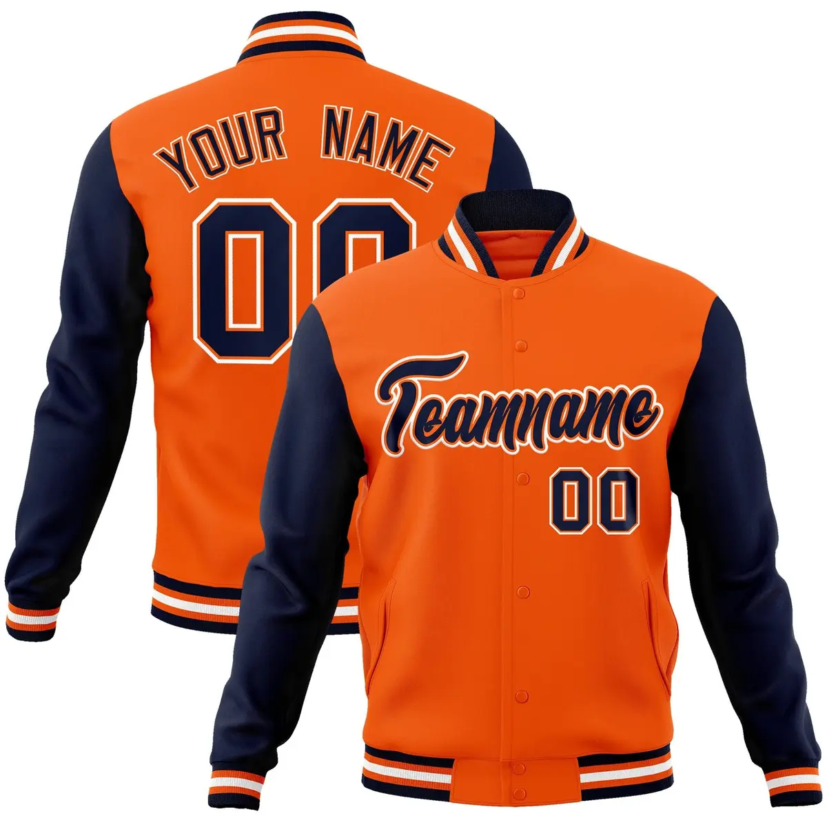 Orange Navy-Orange Raglan Sleeves Varsity Full-Snap Letterman Jacket