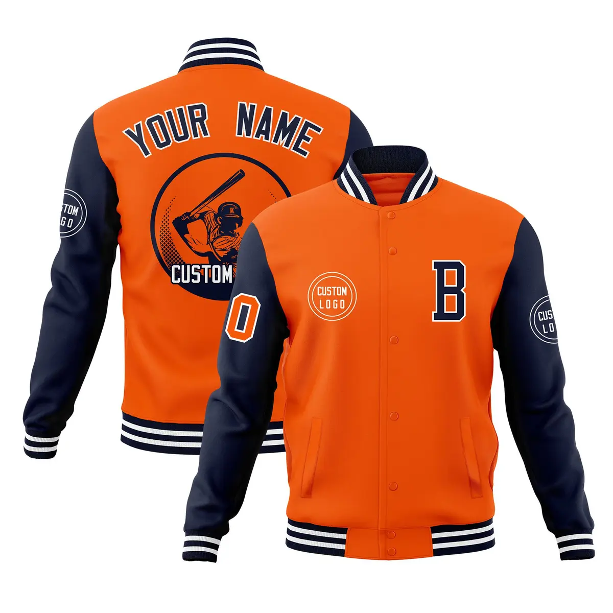 Orange Navy Raglan Full-Snap Varsity Letterman Baseball Jacket