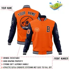 Orange Navy Raglan Full-Snap Varsity Letterman Baseball Jacket 4