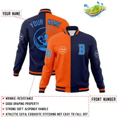 Orange Navy Split Letterman Varsity Full-Snap Baseball Jacket 4
