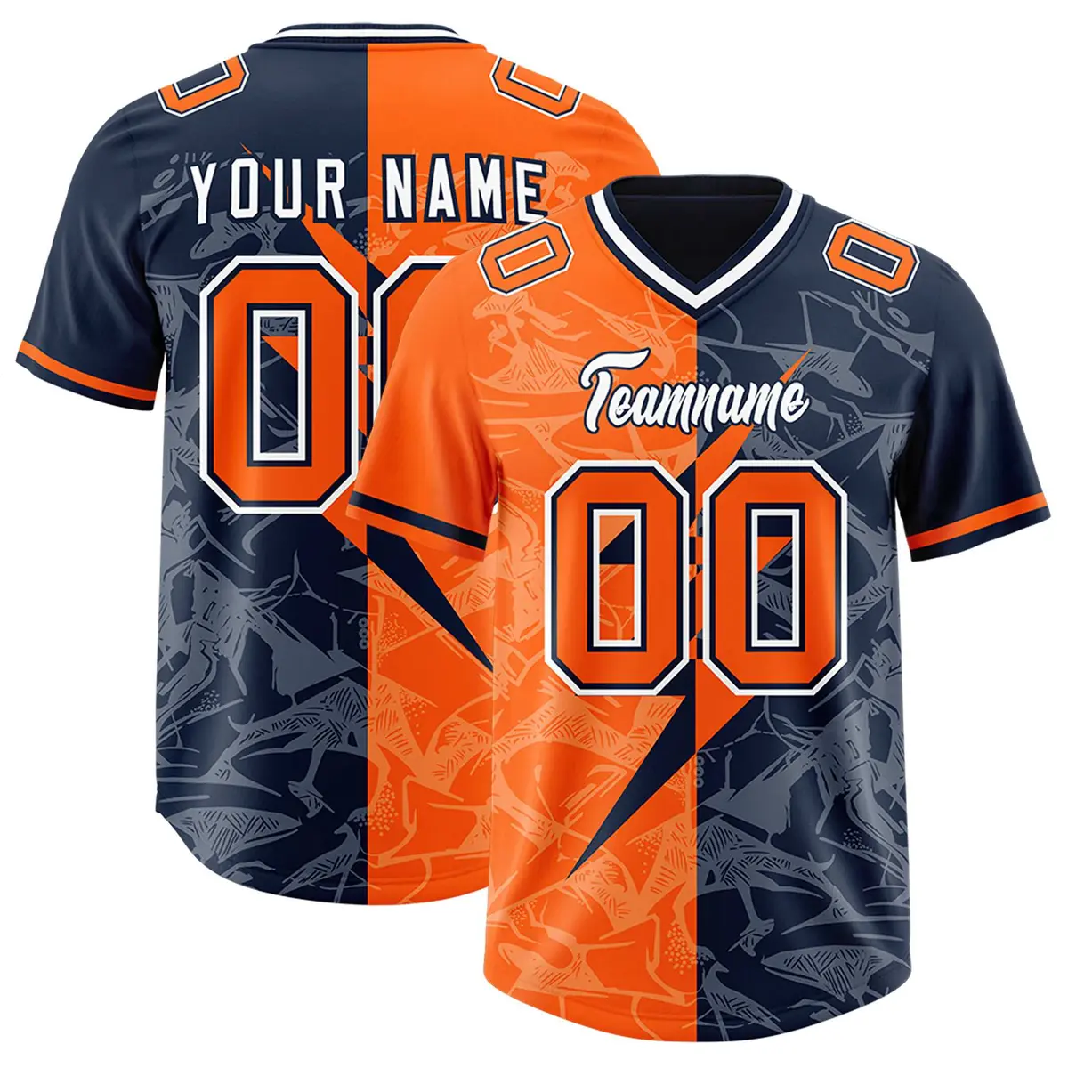 Orange Navy Split Lightning Pattern Football Jersey