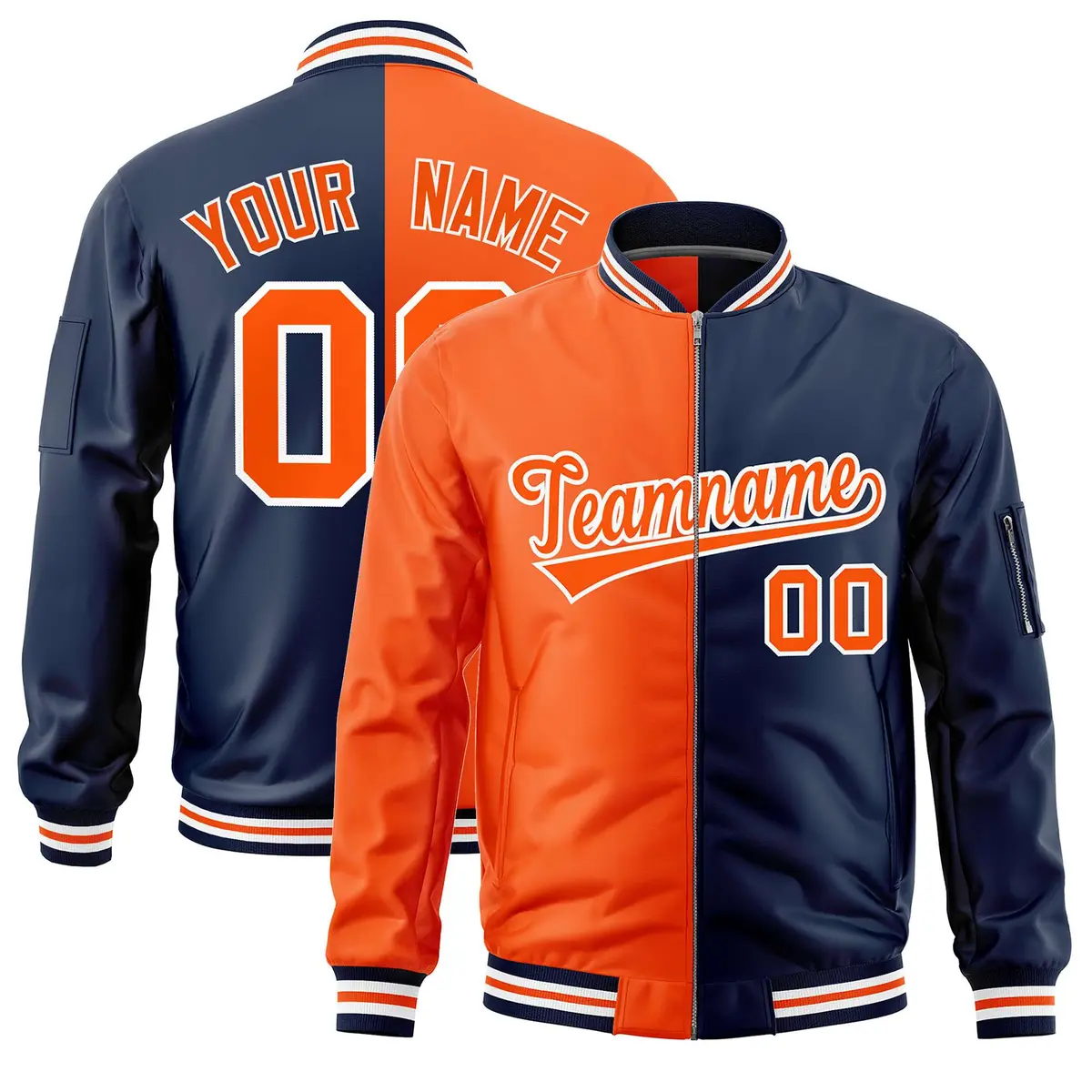 Orange Navy Two Tone Full-Zip Varsity Letterman Bomber Jacket