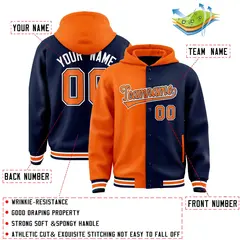 Orange Navy Two Tone Split Full-Snap Varsity Letterman Hoodie Jacket 4