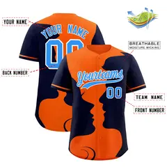 Orange Navy Valentine's Day Couple Silhouettes Baseball Jersey 3