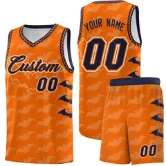 Orange Navy White Bat Pattern Halloween Basketball Jersey 1
