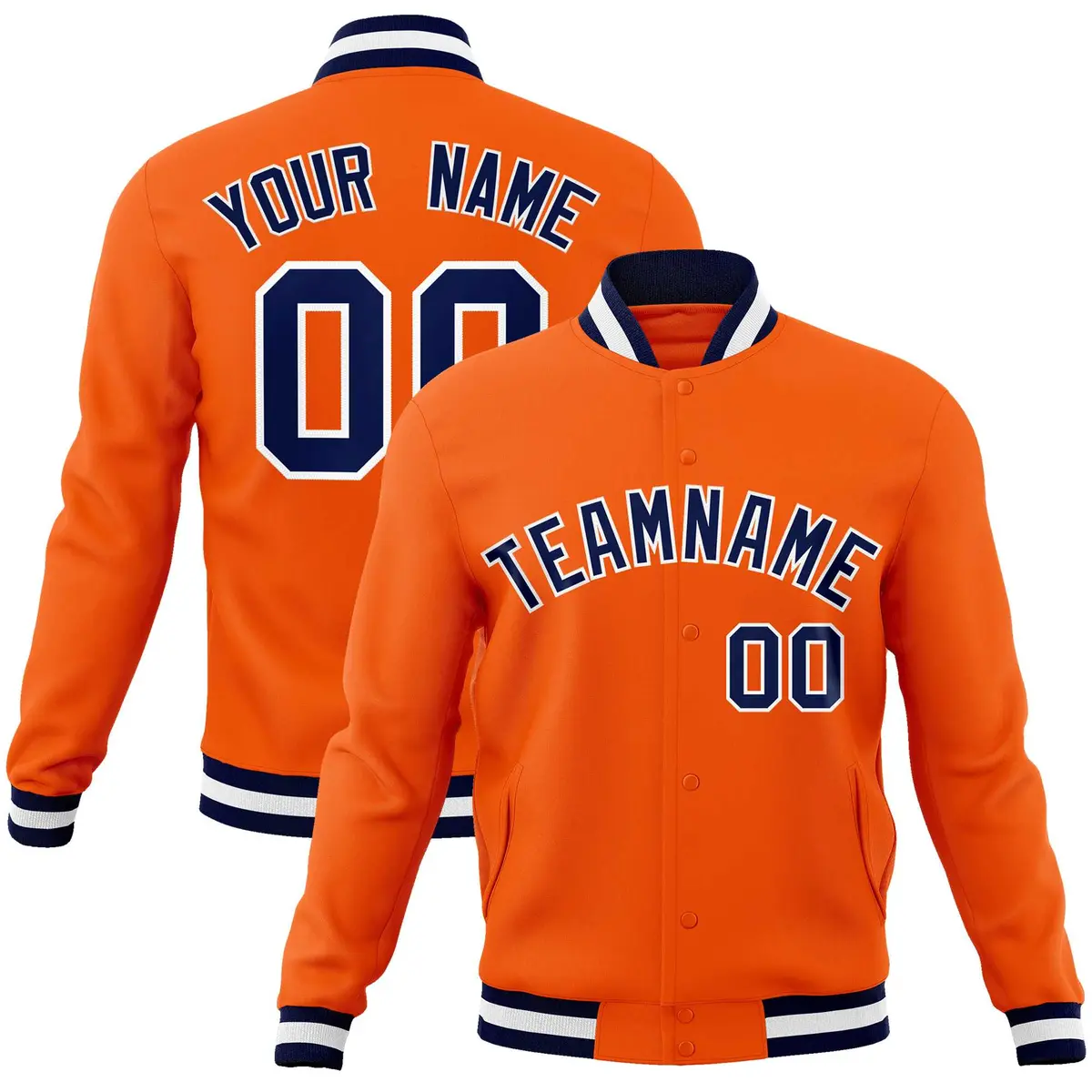 Orange Navy-White Classic Varsity Full-Snap Letterman Jacket