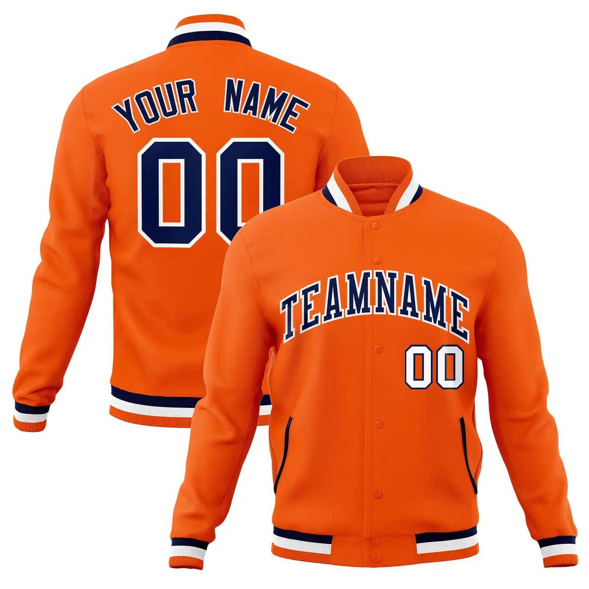 Orange Navy-White Classic Varsity Full-Snap Letterman Jacket