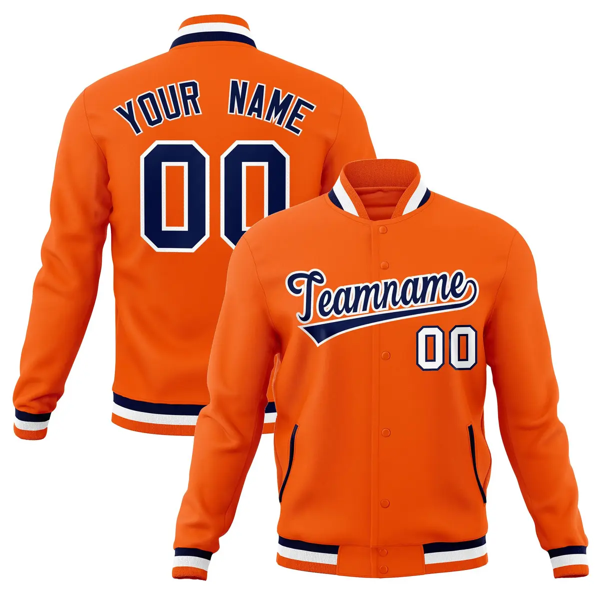 Orange Navy-White Classic Varsity Full-Snap Letterman Jacket