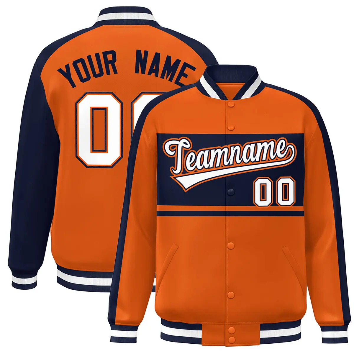 Orange Navy-White Color Block Bomber Varsity Baseball Jacket