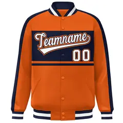 Orange Navy-White Color Block Bomber Varsity Baseball Jacket 3