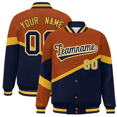 Orange Navy-White Color Block Bomber Varsity Baseball Jacket