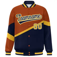 Orange Navy-White Color Block Bomber Varsity Baseball Jacket 3
