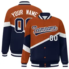 Orange Navy-White Color Block Bomber Varsity Baseball Jacket