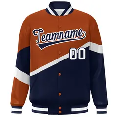 Orange Navy-White Color Block Bomber Varsity Baseball Jacket 3