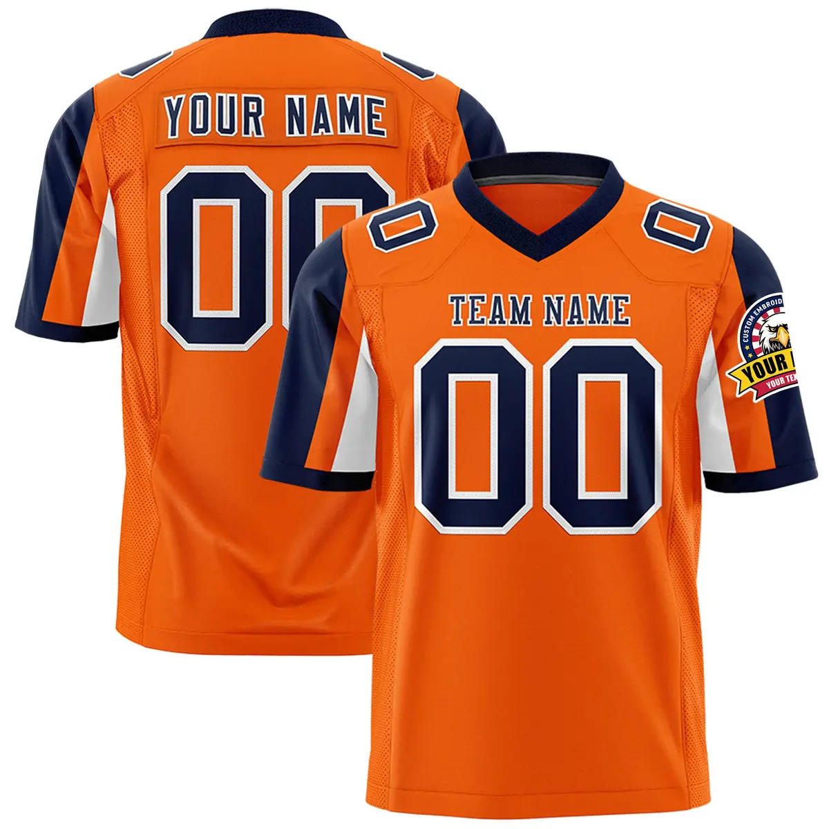 Orange Navy-White Color Block Raglan Sleeves Football Jersey