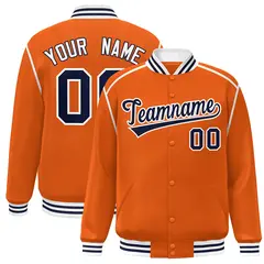 Orange Navy-White Color Block Ribbon Varsity Full-Snap Bomber Jacket