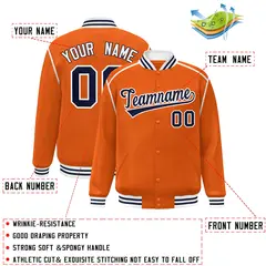 Orange Navy-White Color Block Ribbon Varsity Full-Snap Bomber Jacket 2