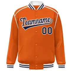 Orange Navy-White Color Block Ribbon Varsity Full-Snap Bomber Jacket 3