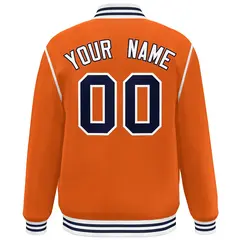 Orange Navy-White Color Block Ribbon Varsity Full-Snap Bomber Jacket 4