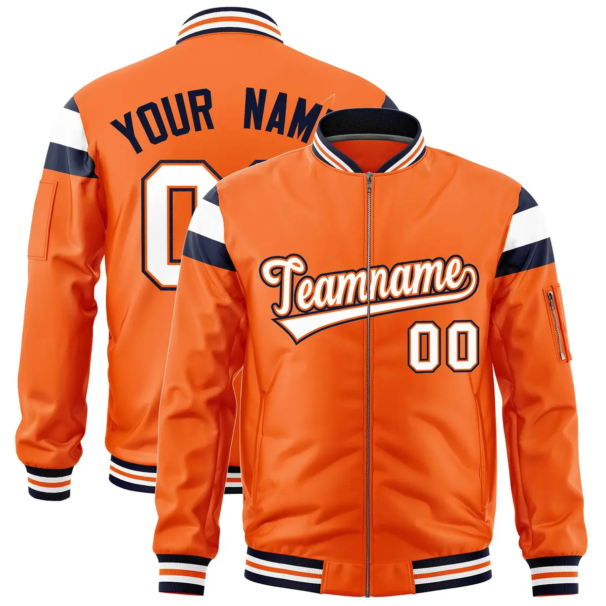 Orange Navy White Full-Zip Shoulder Block Varsity Letterman Bomber Jacket