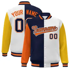 Orange Navy White-Gold Color Block Varsity Bomber Baseball Jacket
