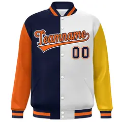 Orange Navy White-Gold Color Block Varsity Bomber Baseball Jacket 3